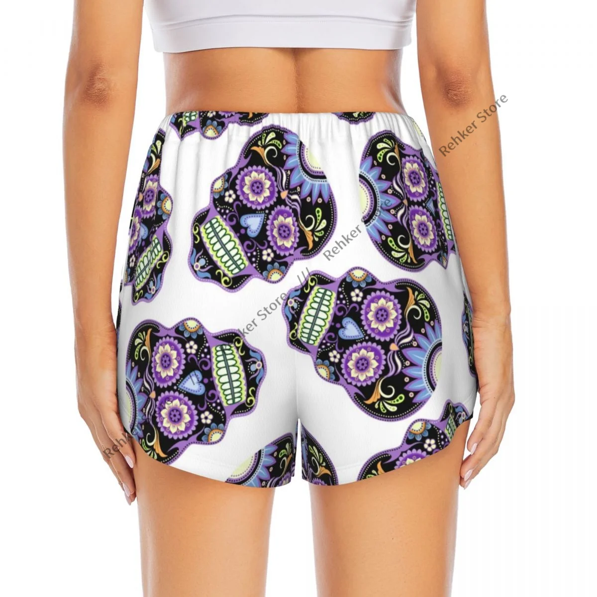 Sugar Skulls Shorts esportivos femininos de camada dupla de secagem rápida para lazer ao ar livre, corrida, fitness, treino, esporte