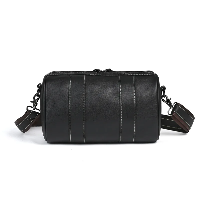 Men's Genuine Leather Crossbody Bag - Handmade First Layer Cowhide Pillow Sling Bag, Minimalist Cylinder Shoulder Purse