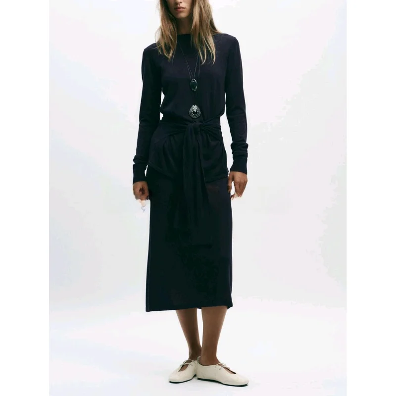 Nova Chegada de Outono: Blusa Fena de Malha Slim Fit com Gola Redonda, Manga Longa e Laço Decorativo – Estilo Britânico M...