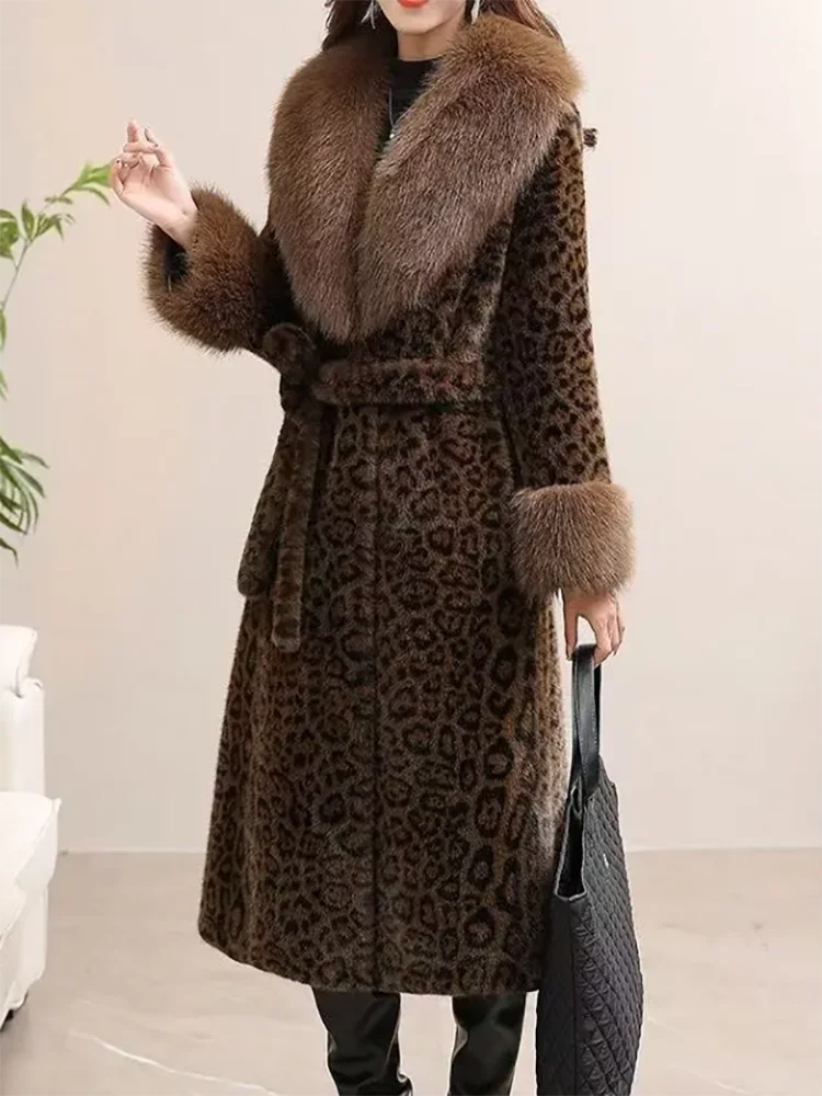 New Leopard Print Fur Jacket Women's Overcoat 2026 Autumn Winter Leather One-Piece Thick Warm Parka Loose Long Fur Collar Jacket
