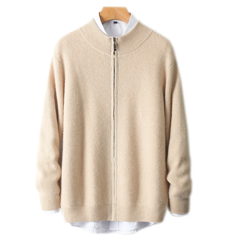 Winter New 100% Pure Sweater Men's Semi-High Neck Zipper Cardigan Long Sleeve Plus Size Coat Business Casual Knitted Sweater.