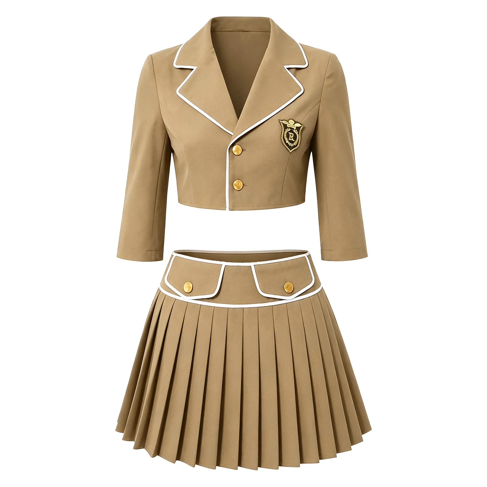 Women Schoolgirl Dress-up Costume Rave Clubwear Outfit 3/4 Sleeve Cropped Blazer Jacket with Pleated Skirt for Halloween Party