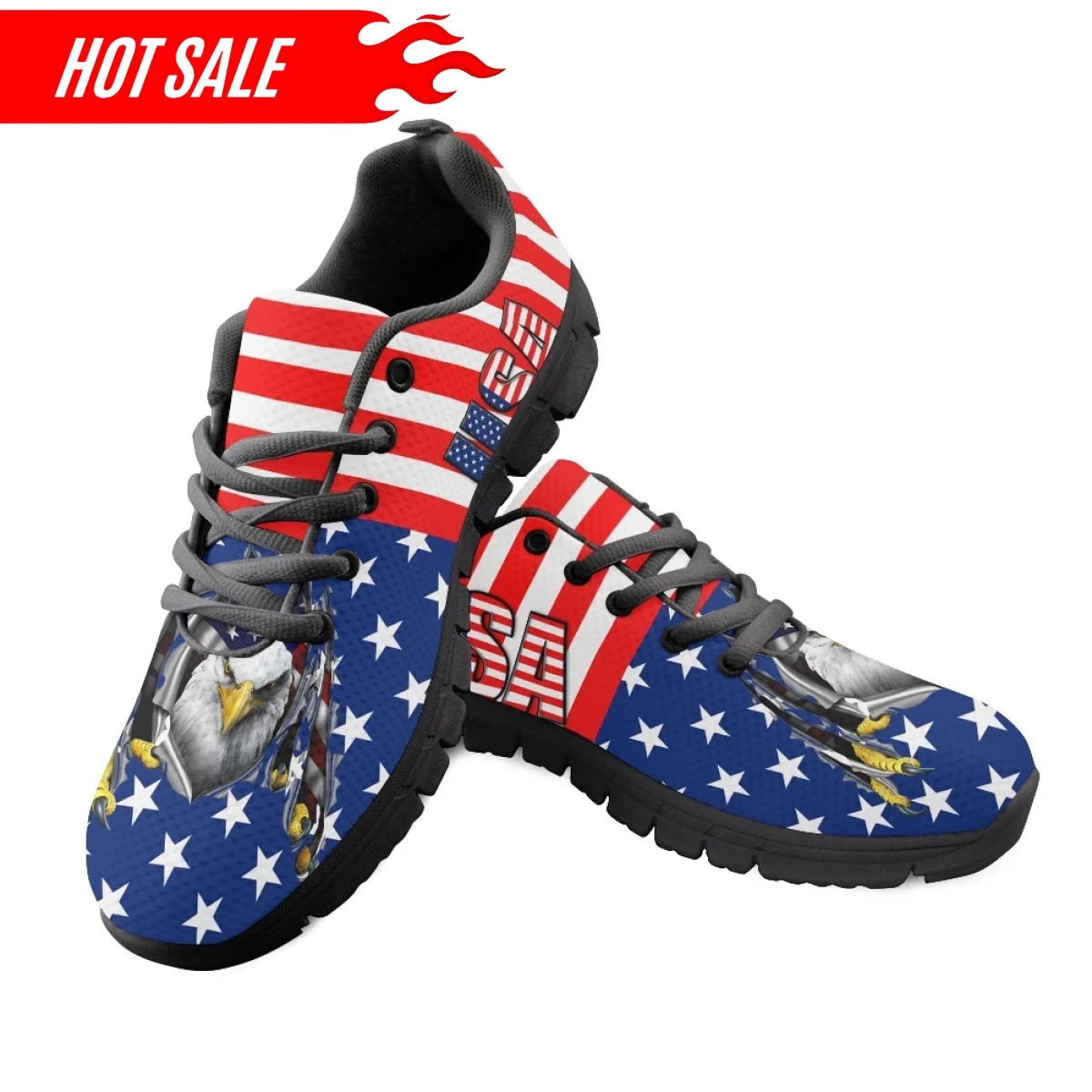 2023 Female Walking Shoes USA Flag Design Eagle Print Ladies Flat Shoes Summer Autumn Mesh Sneakers for Women Lace-up Zapatillas