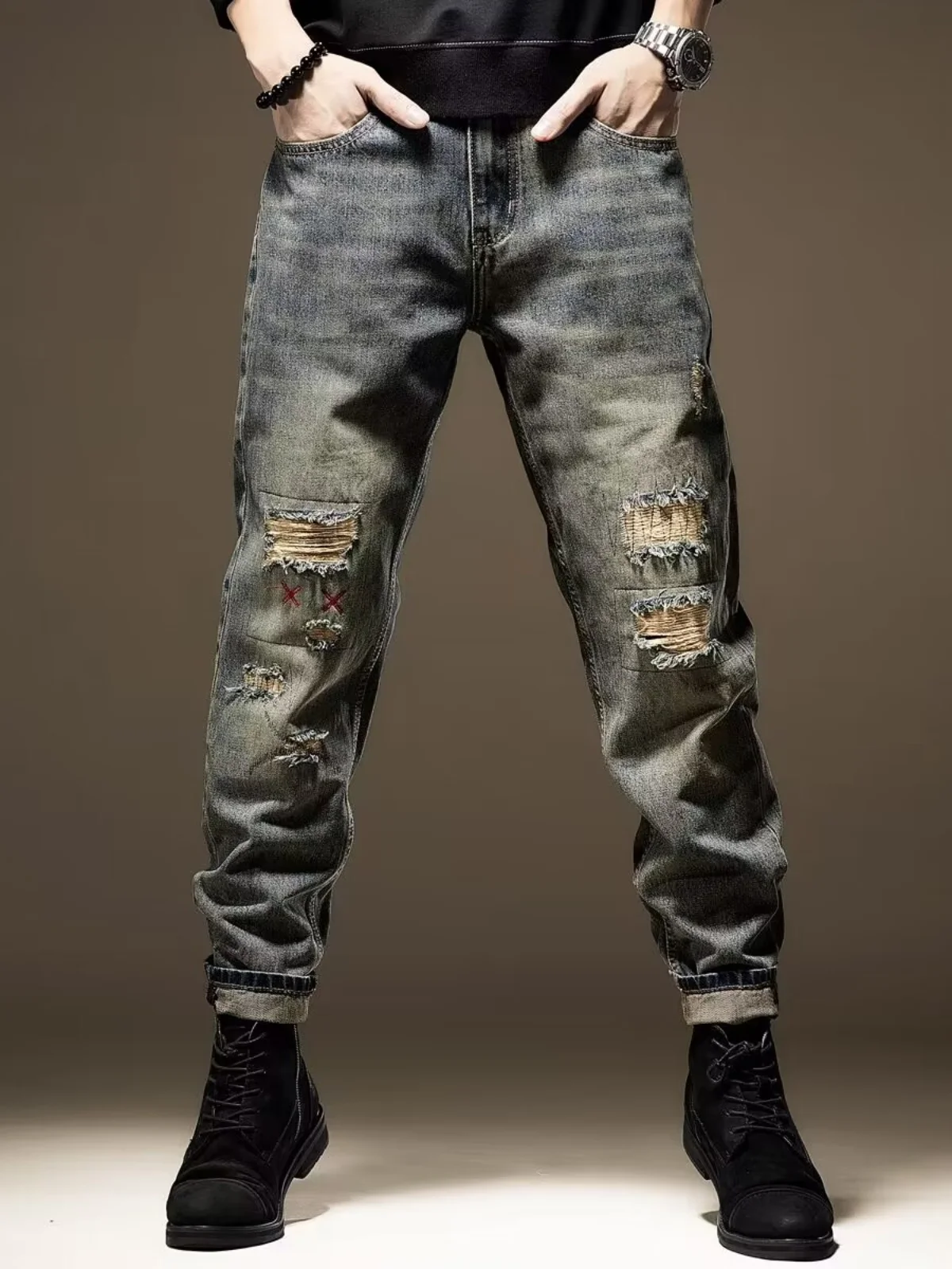 Retro American Denim Jeans Men Loose Straight Leg Slim Fit High Street Trendy Hole Punching Pants Spring Autumn Casual Wear