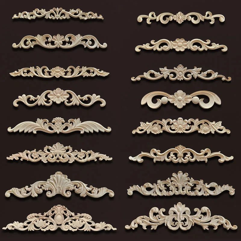 Wooden Furniture Appliques Luxury Home Decor Wood Carving Onlay Waves Wood Decal Vintage Room Decoration Accessories Wood Flower