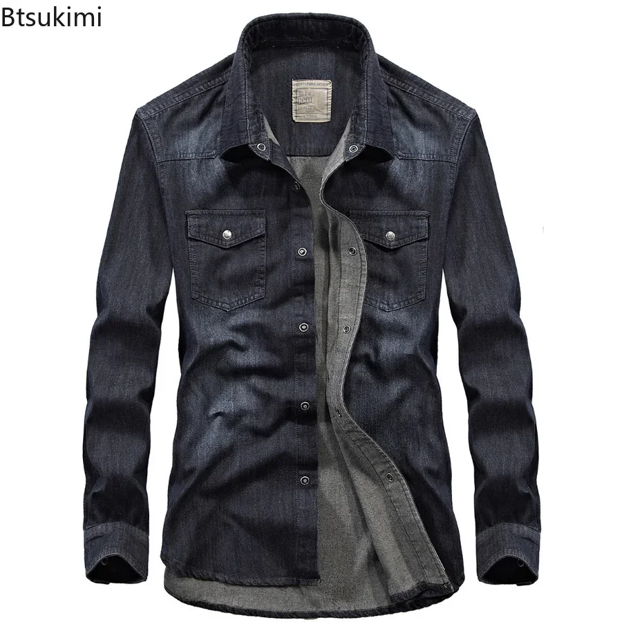 2024Men's Denim Jeans Shirt Long Sleeve 100% Cotton High Quality Handsome Hombre Casual Jean Shirt Top Male Shirts Plus Size 4XL