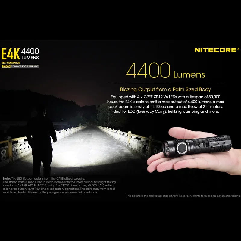 NITECORE E4K 4400Lumens Compact LED EDC Flashlight 8 Lighting Modes With NL2150HPR 18650 Battery Self-defense Troch Lantern