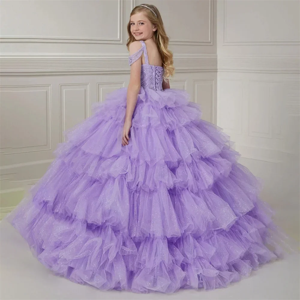 Pleat Appliques Crystal Off The Shoulder Sleeveless Long Ball Flower Girl Dress For Wedding Floor Length Communion Girl Gown