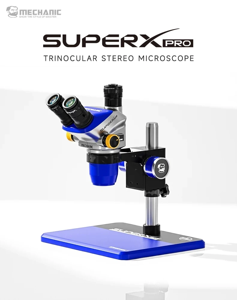 

Mechanic SUPER X PRO 6.5-52X True Trinocular Stereo Microscope with PL10X26 Eyepiece 1:8 Zoom Ratio Microscope for PCB Soldering