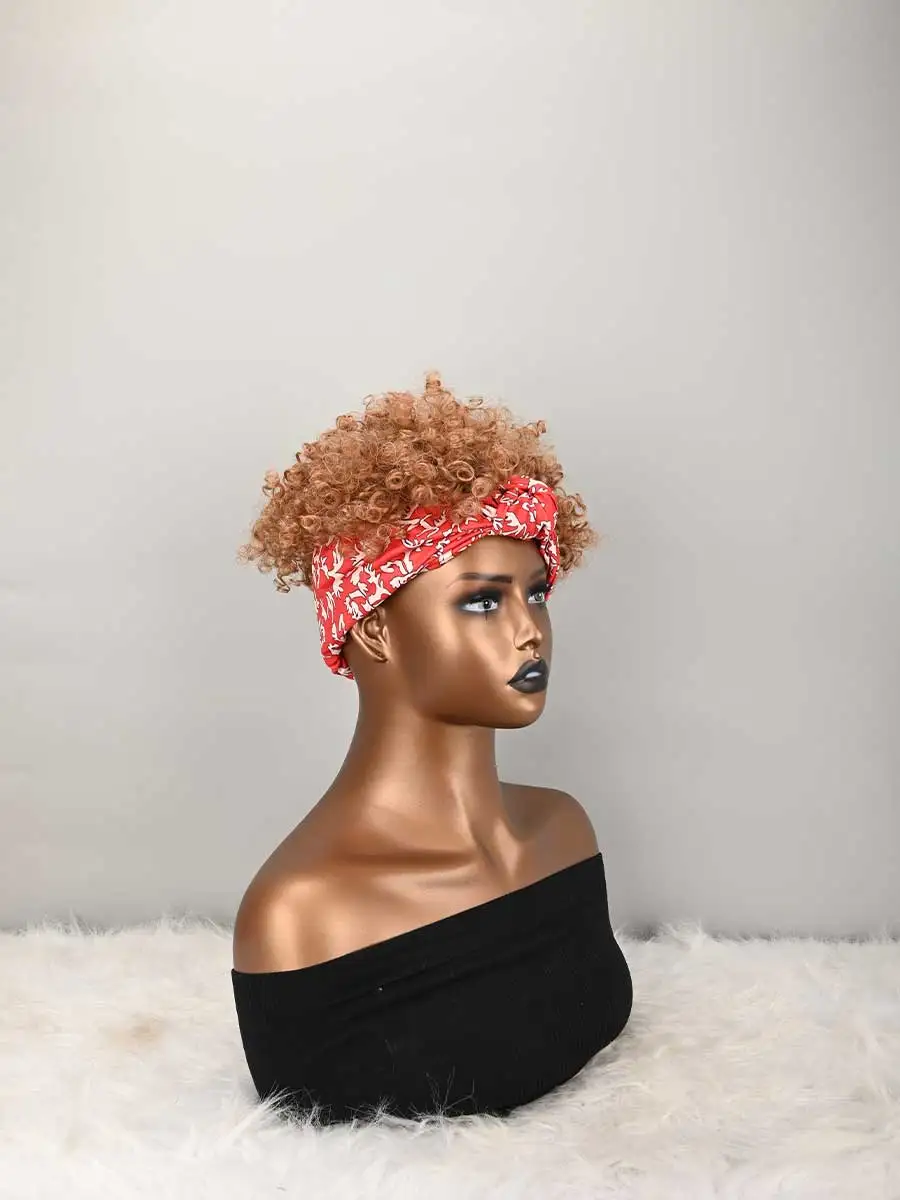 Headband Wig Curly Headband Wig With Bangs For Women Synthetic Afro Curly Hair Wig With Headband Attached Short Kinky Curly Afro High Puff With Bangs Stripes Short Red Curly Wigs with Bangs for Women, Natural Wavy Synthetic Wig, Fluffy Pixie Cut