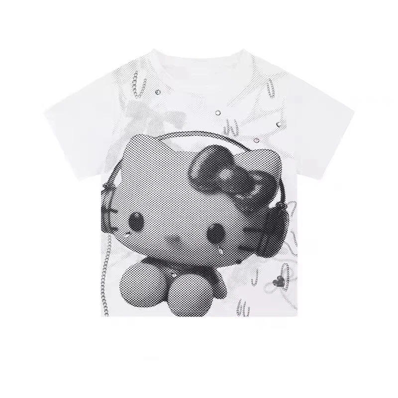 Hello Kitty Japanese Cartoon Printed T-shirt Summer Women's Fashion Street Spicy Girl Outfit Polyester Fabric Short Sleeve Top