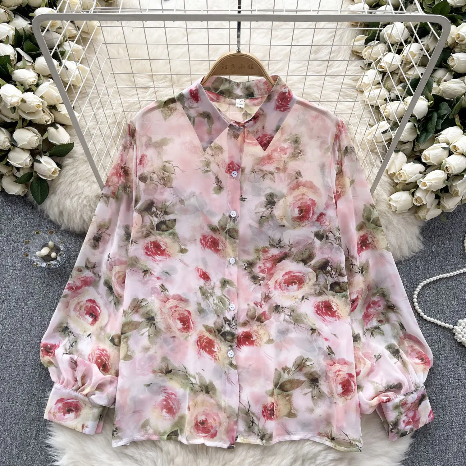 Lantern Sleeve Female Tops Autumn Vintage Chiffon Shirts Ladies Temperament Printing Turn-down Collar Buttons Top Tee Women\'s