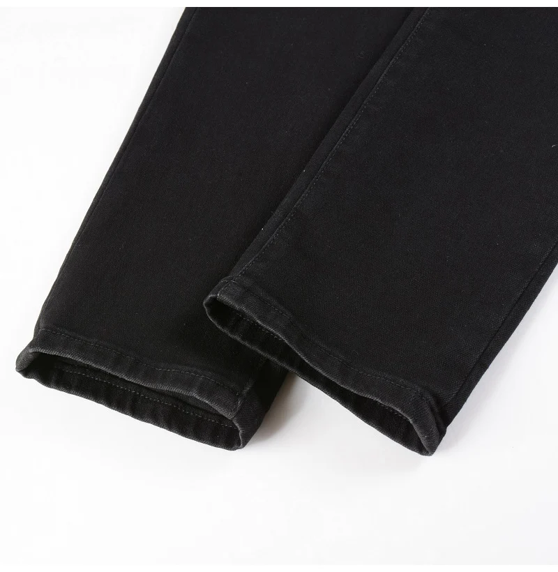 Herren Leder-Patch Biker-Jeans für Motorrad-Streetwear, Löcher, Ripped Patchwork Stretch-Denim-Hose, Schwarze Skinny Tapered Hose – Detail 11