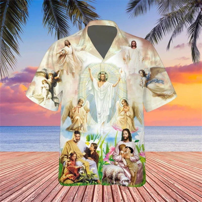 Nowy letni 3D chrześcijański Jesus koszule z nadrukiem dzieci moda Streetwear bluzki męskie fajne hawajskie koszule ubrania Vintage