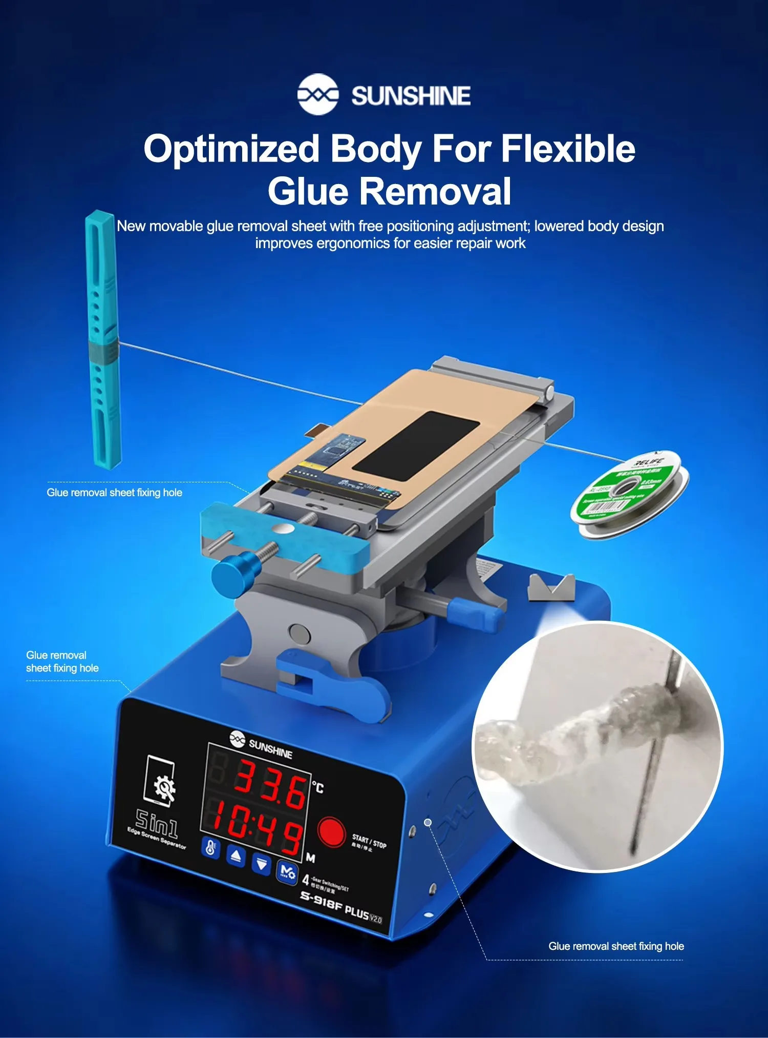 SUNSHINE S-918F Plus V2.0 5 In 1 LCD Screen Separator Curved Straight 360° Rotation Screen Heating Separate Frame Phone Repair