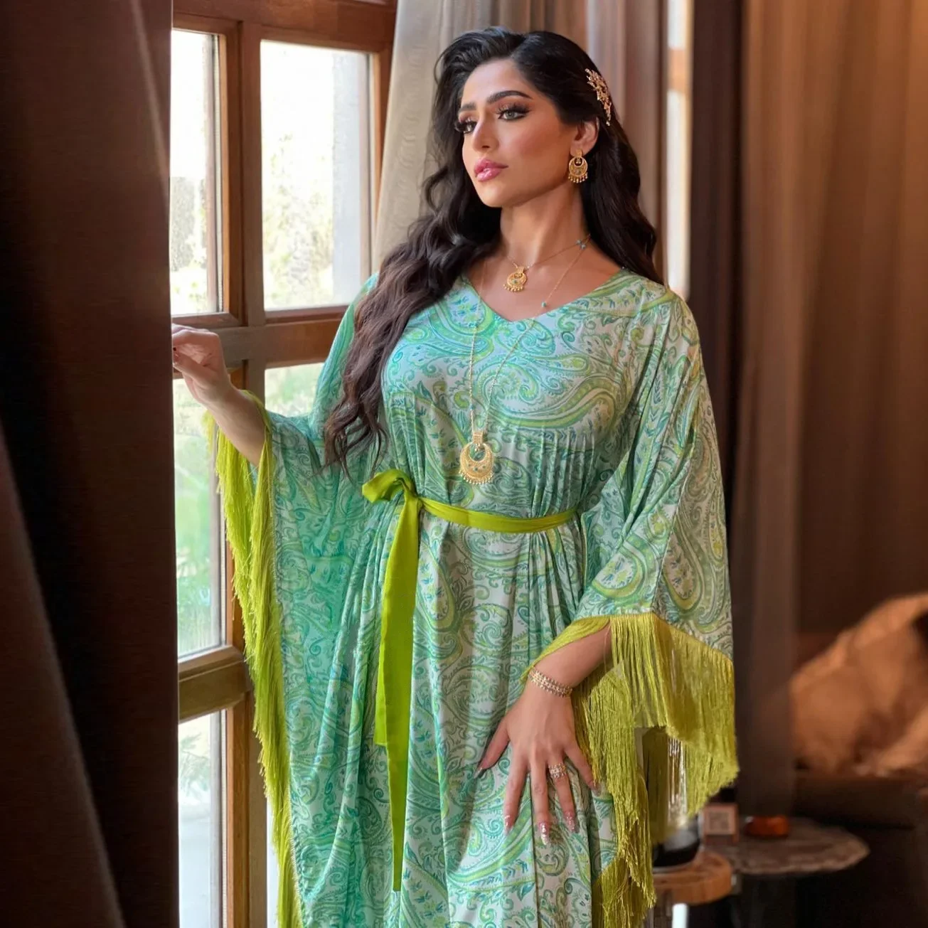 Robe verte à franges et manches chauve-souris, asie du sud-est, nouvelle mode musulmane pour femmes du moyen-orient, taille haute, ample