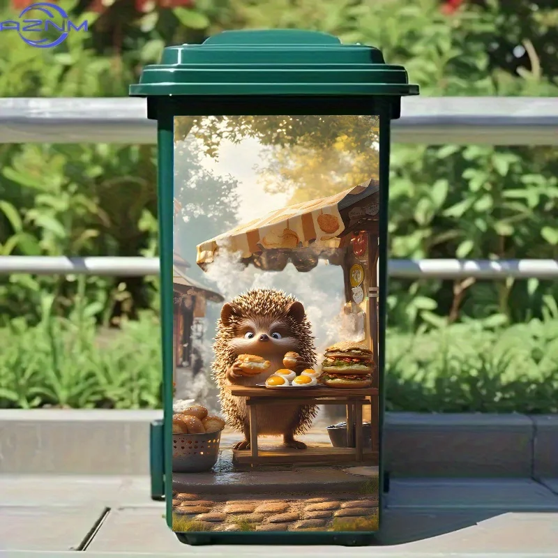 1pc 2D/Flat Hedgehog Breakfast Trash Can Sticker, .01xcm, cute hedgehog at breakfast stall, hot keywords: hedgehog sticker, cr