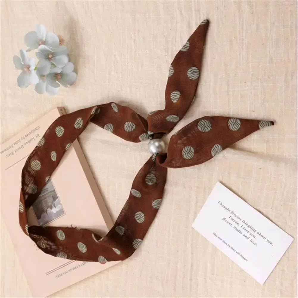 Women Scarf Imitation Pearl Buckle One-Piece Design Scarf Lightweight Chiffon Satin French Retro Black White Dot Neck Collar  97