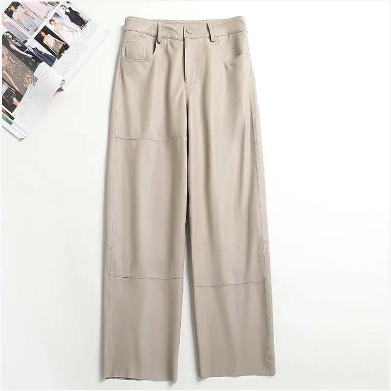 Tajiyane Sheepskin Genuine Leather Pants Women High Waist 2022 Spring Wide Leg Straight  Loose White Pants Women Trousers FCY094