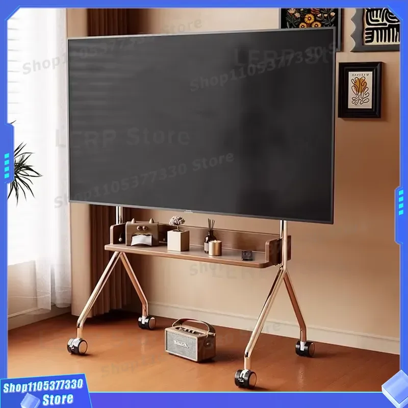 Modern Movable TV Cabinet Solid Wood Stainless Steel Storage Rack Wall Mounted Vertical Stand for Living Room Entrance Decor