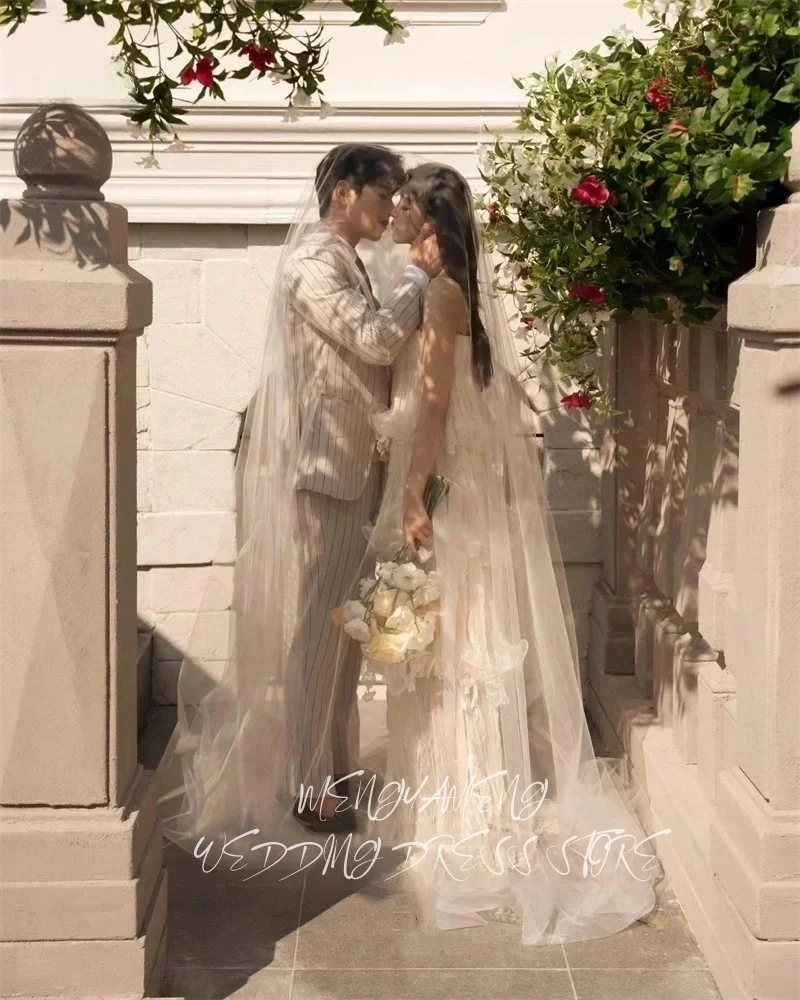 주이슈 스파게티 스트랩 소프트 튤 레이어드 한국 웨딩드레스 사진 촬영 티어드 페어리 브라이덜 가운 파티 이브닝 맞춤 제작