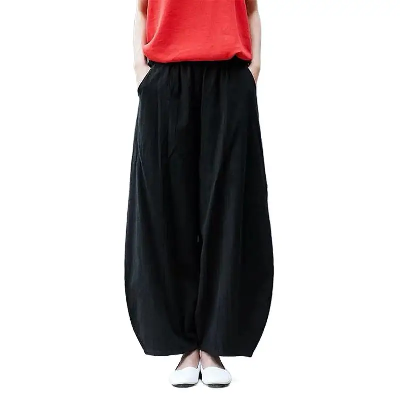 

Casual Loose Women Vintage Long Pants Solid Cotton Linen Wide Leg Pants Soft Slim 10 Color Bloomers Pants for women sweatpants