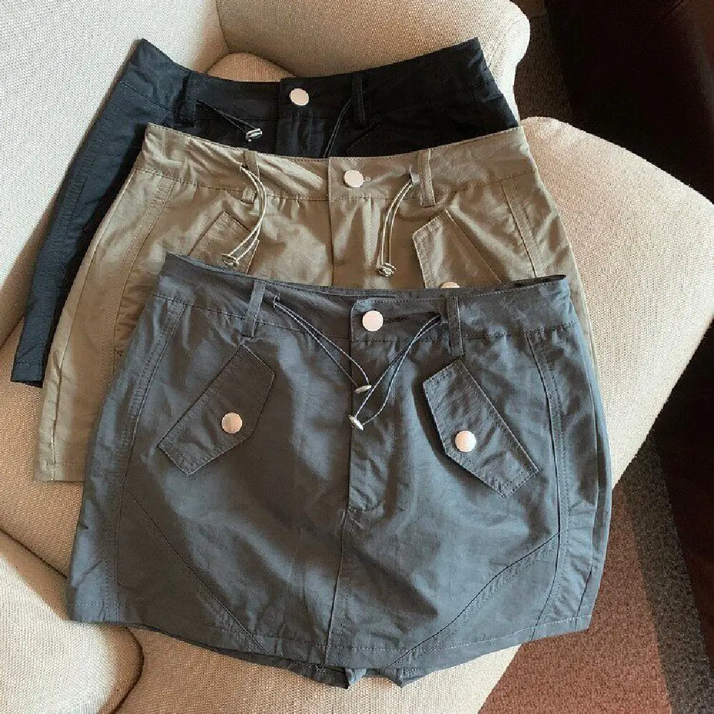 American Retro Drawstring Cargo Skort for Women Summer High Waist A-Line Mini Skirt High Street Sexy Bodycon Hip Wrap Skirt