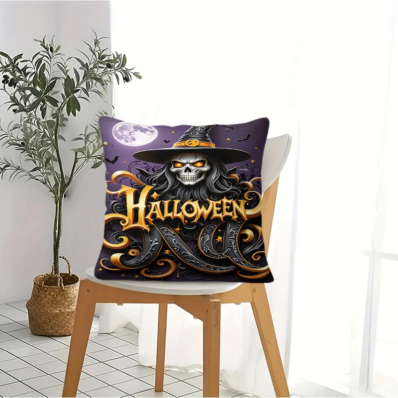 Happy Halloween Throw Pillow With Pillow Inserts Castle Pumpkin Skeleton Spider Print Square Cushion Bed Sofa Decor Holiday Gift