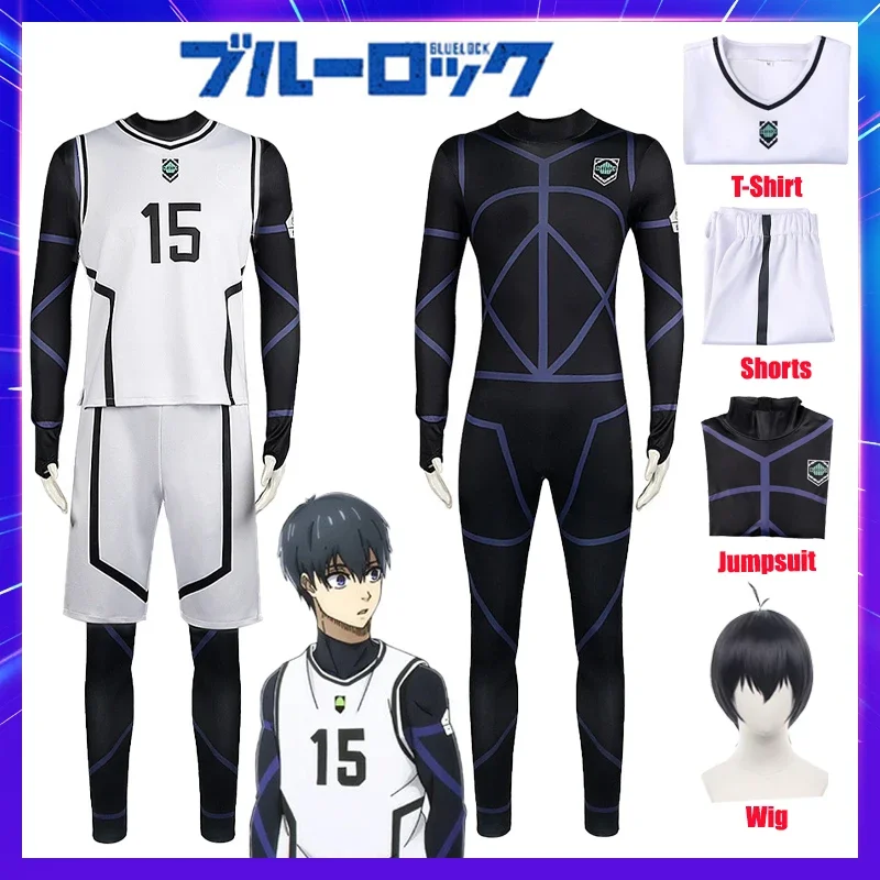 Blue Lock Cosplay Costume pour homme, Isagi, Bachira, Chigiri, Stationary i Reo, Ness Wig, Bas, Football Clothes, T-Shirt, Game Anime