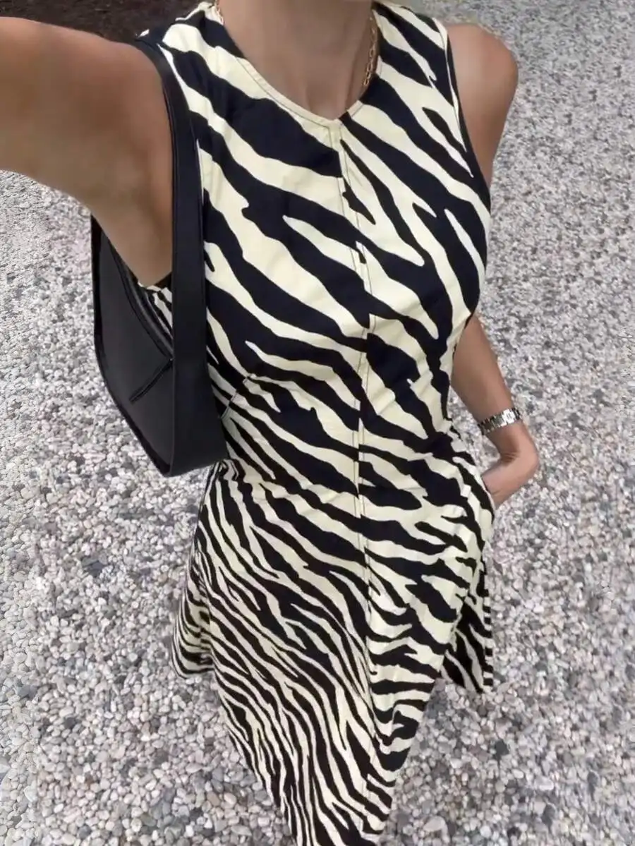 

Womens Sleeveless Zebra Print Mid-Length Dress Round Neck Casual Summer Vacation Beach Dress