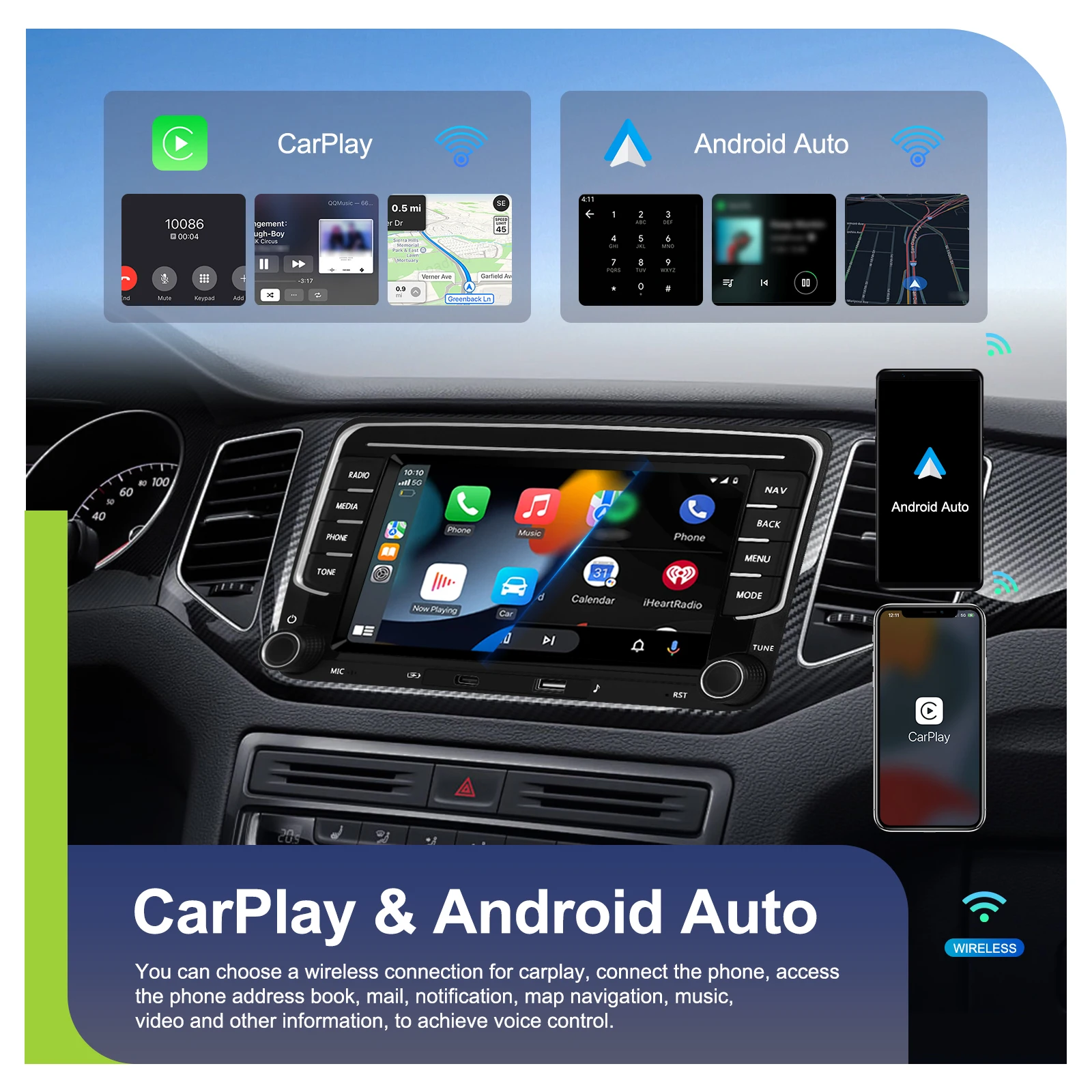 Podofo 7" Carplay Android Autoradio für VW/Volkswagen/Golf/Polo/Tiguan/Passat/Seat/Skoda, intelligentes 2-DIN-System mit GPS und RDS.