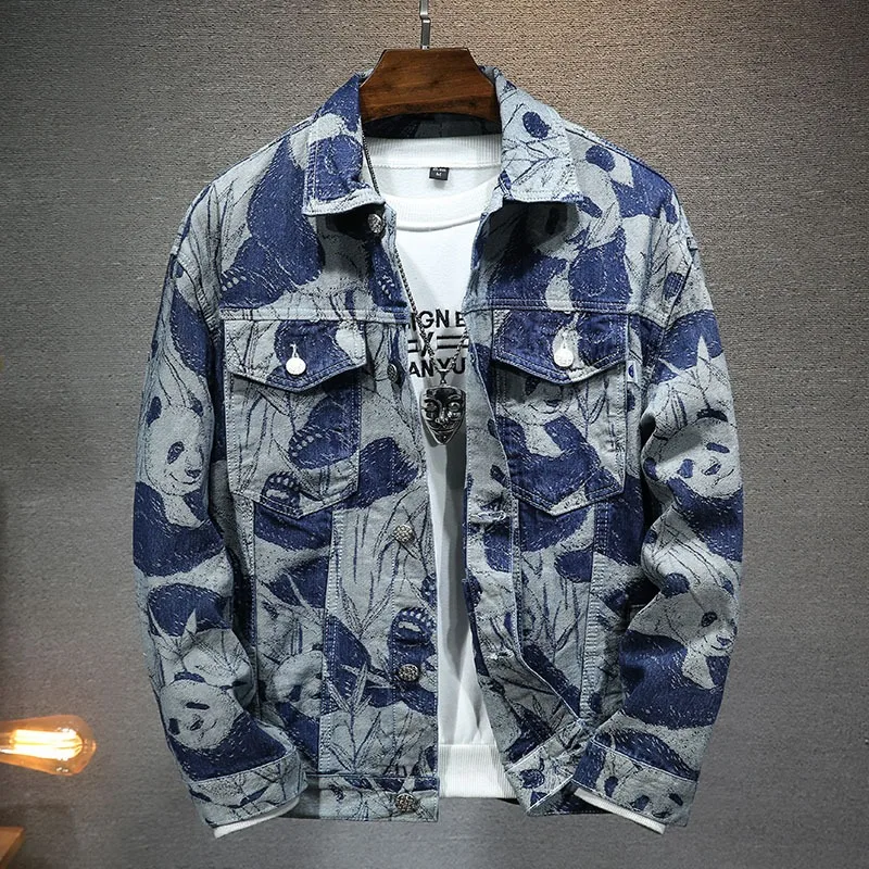 Spring and Autumn Chinese Trendy Brand Panda Print Men\'s Denim Jacket Korean Loose Jacket