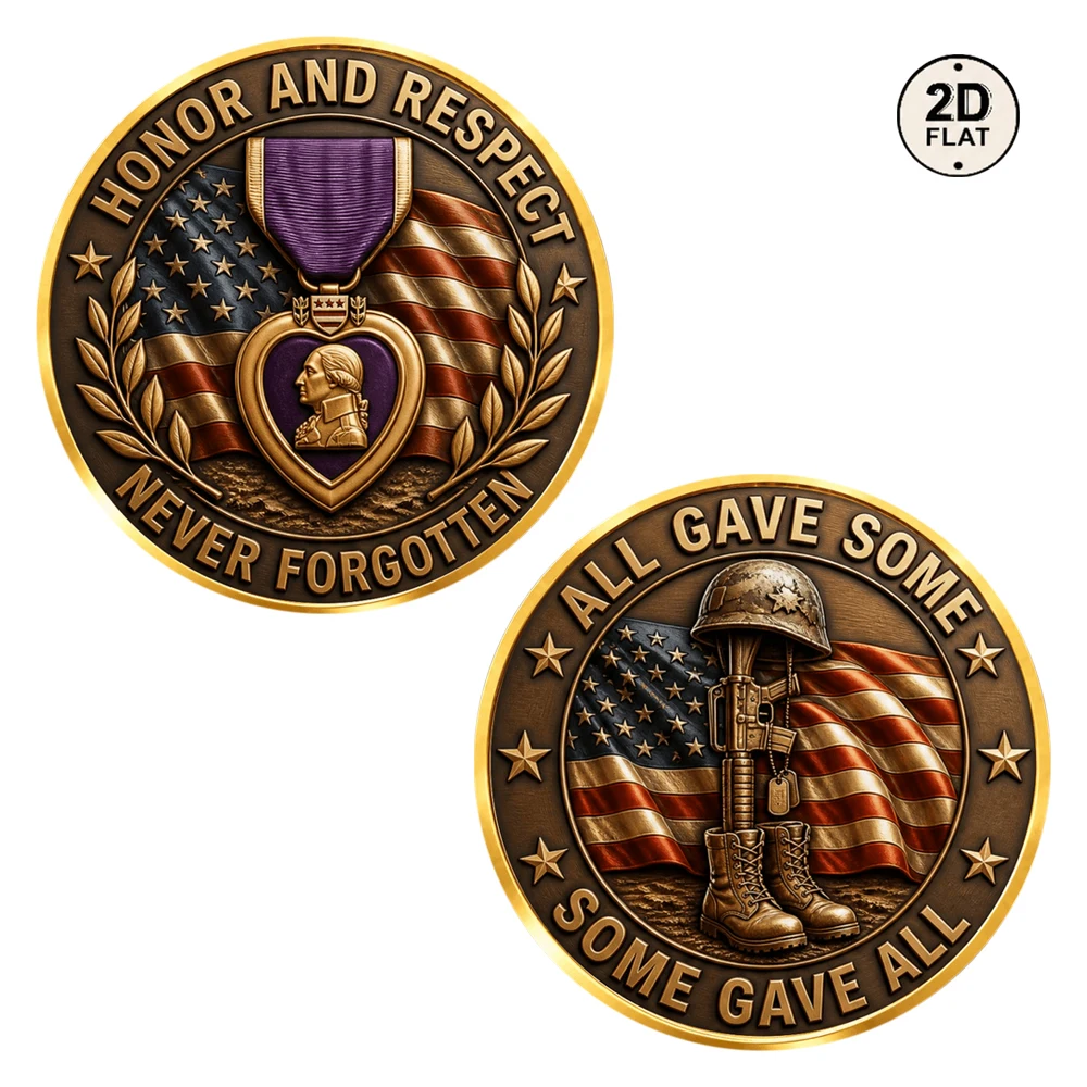 1pc Honor and Respect Never Forgotten Purple Heart Medal Challenge Coin 2D Print Veteran Memorial Tribute Souvenir Coin Gifts
