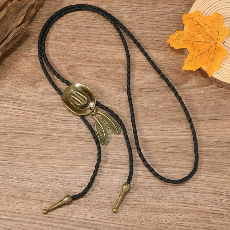 

652F Western Shoestring Necktie Braided Belt Tie Cool Charm Engraved Cowboy Hat Pendant for Women Men