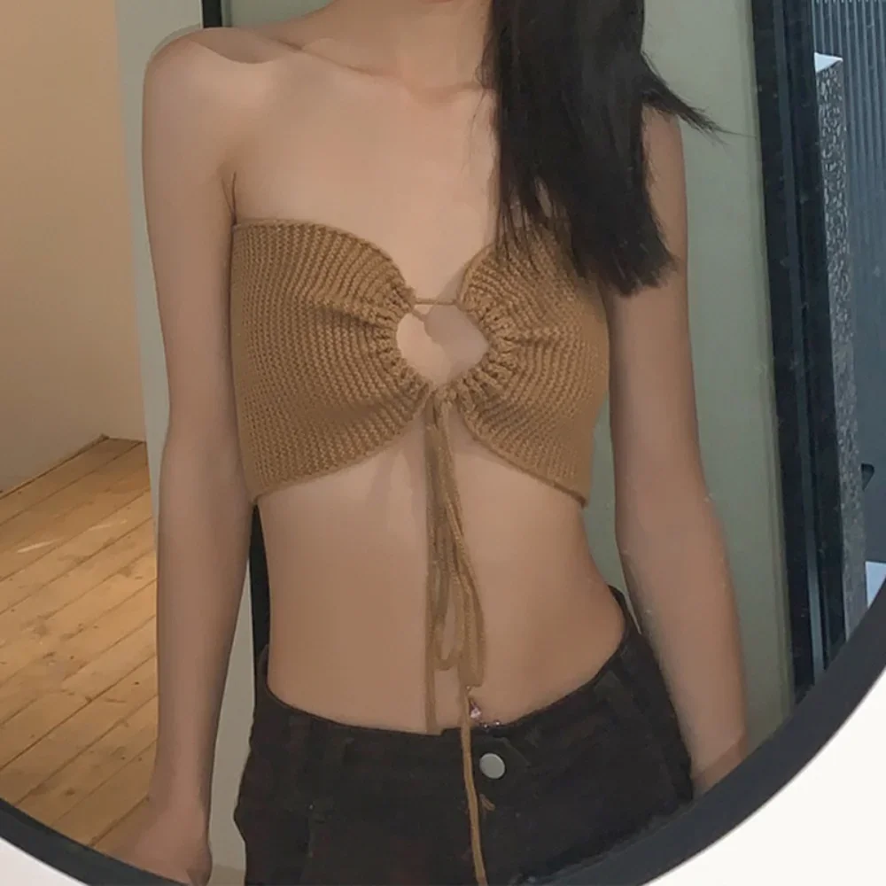 

Meqeiss New Summer Knitting Sexy Halter Crop Tops for Women Sleeveless Backless Bandage Cut-Out Top Cropped Club Party Outfits