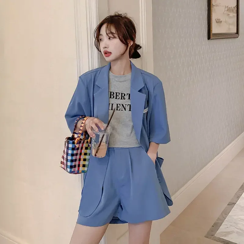 Stylish Women's Short Pants Sets Light Clothing 2 Pieces Blazer and Shorts Suit for Woman Office Summer Sleeve Complete E83