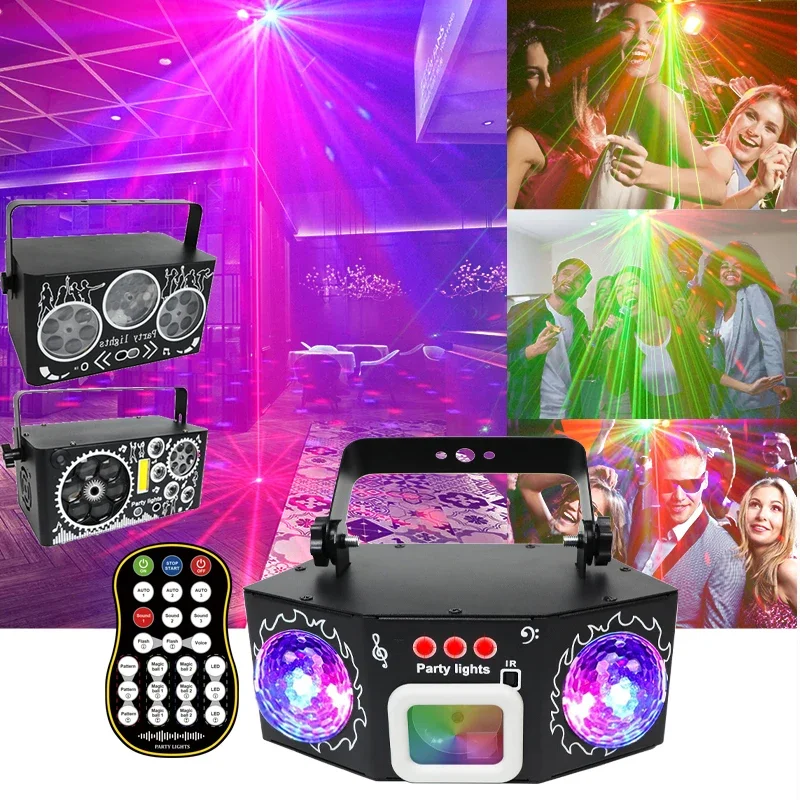 Dj Disco Party Light Remote Control DMX RGB Laser Projection Strobe for Party Christmas Bar Rotating LED Stage Effect Lights