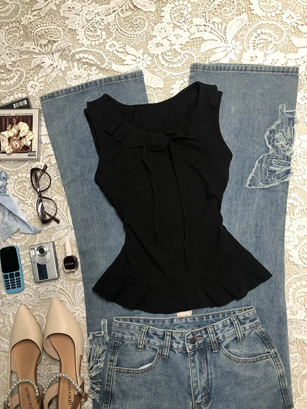 

Винтажный жилет Bla Rose, женская летняя футболка с рюшами, сенсационный топ, модная хлопковая смесь, круглый Ne