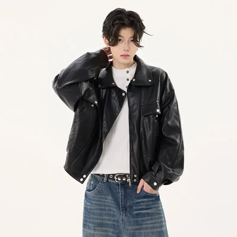 

American Retro Pilot Leather Jaet Men's Spring Autumn Sle Meral Brown Cool Collar PU Coat Faion Urban Casual Leather Ja...