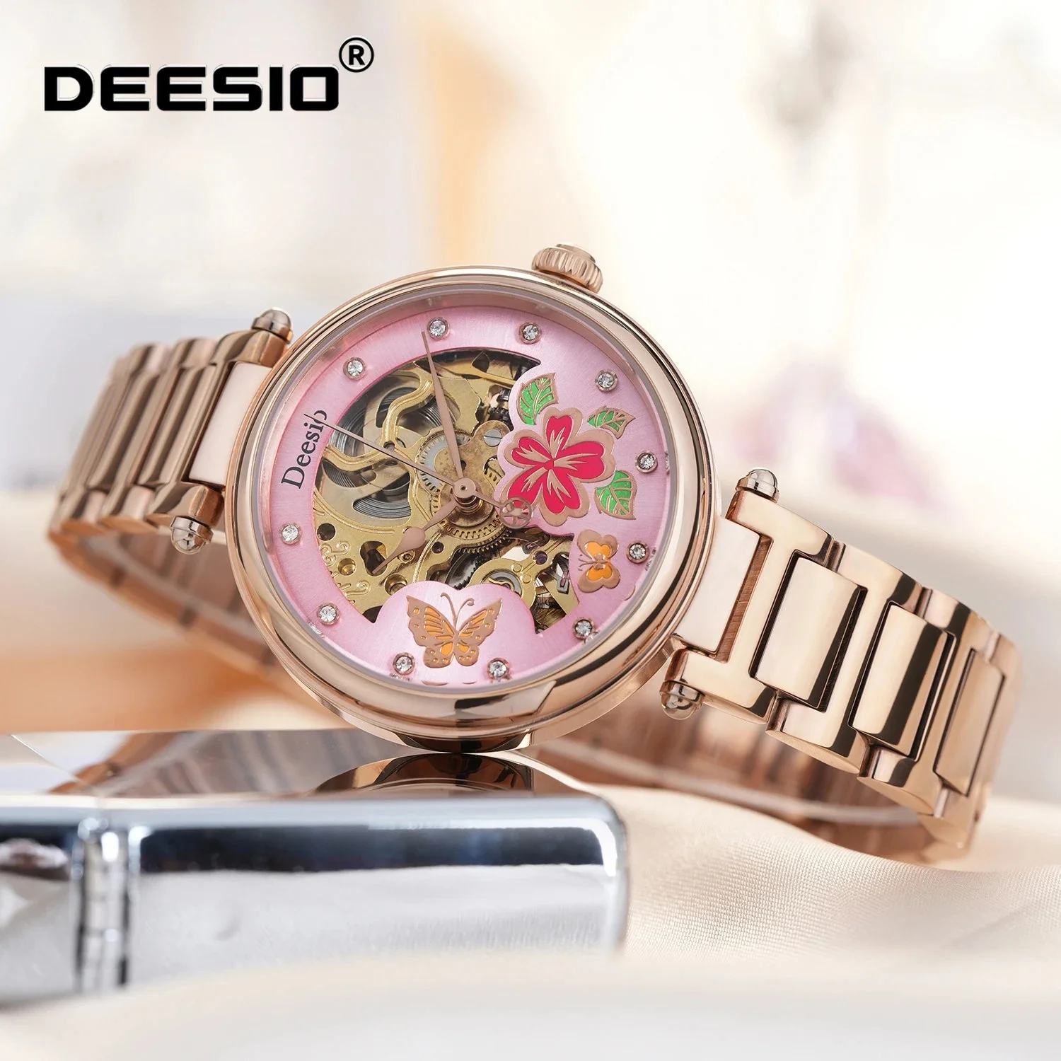 Deesio Skeleton Dial Pink Floral Butterfly Rhinestone Women Mechanical Watch Stainless Steel Case 30M Waterproof Romantic Gift
