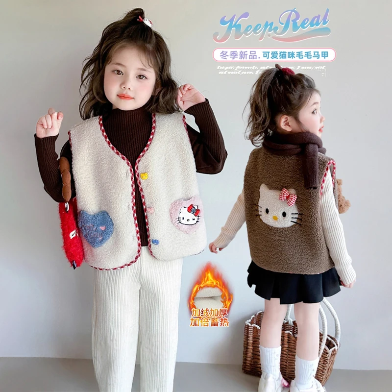 

Kawaii Sanrio Y2K Kid Hello Kitty Plush Waistcoat Cartoon Autumn Winter Soft Vest Anime Thickened Coat Cute Sweet Tops Girl Gift
