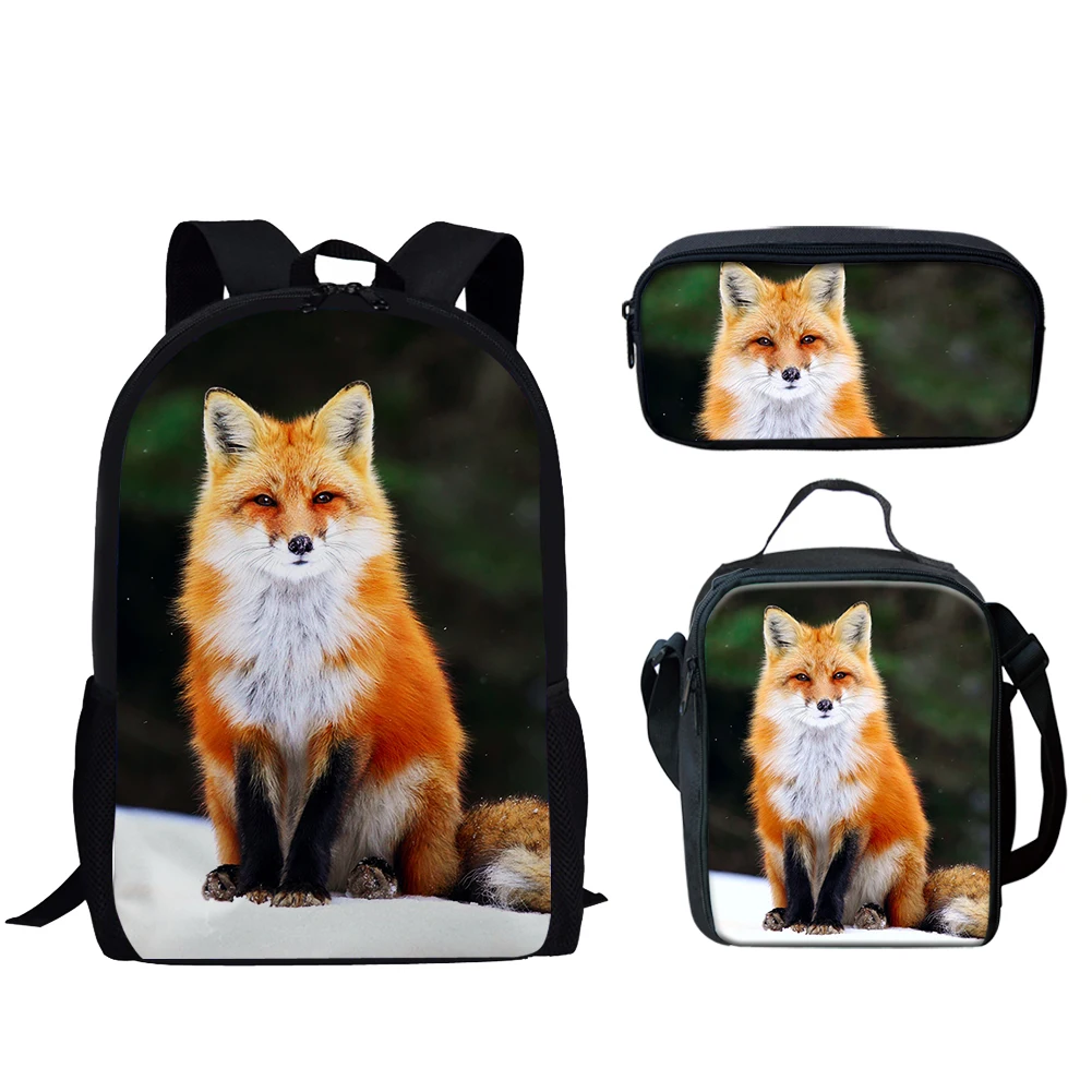 Popular Youthful Fox 3D Print 3pcs/Set Student Travel bags Laptop Daypack Backpack Lunch Bag Pencil Case