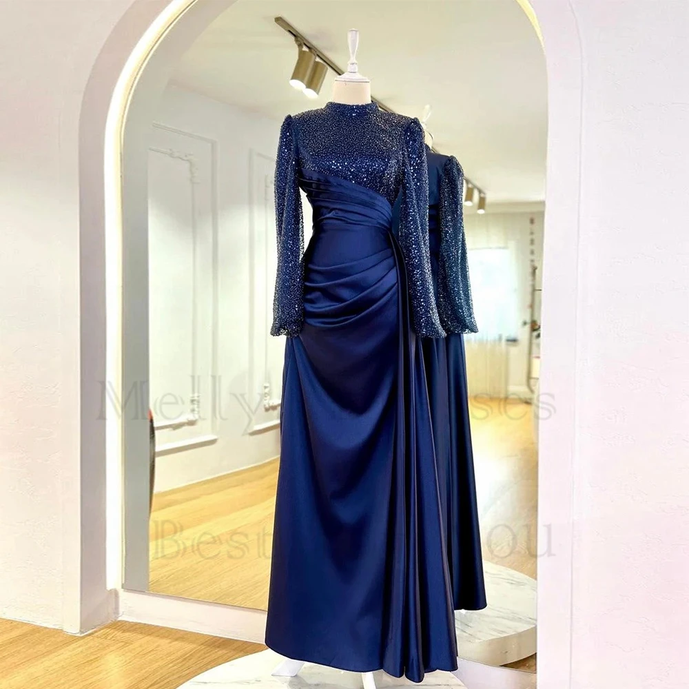 Customized Navy Blue Full Sleeve Muslin Evening Dresses for Women Sequined Sheath Ankle Length Prom Gowns Pleat Robe De Soirée