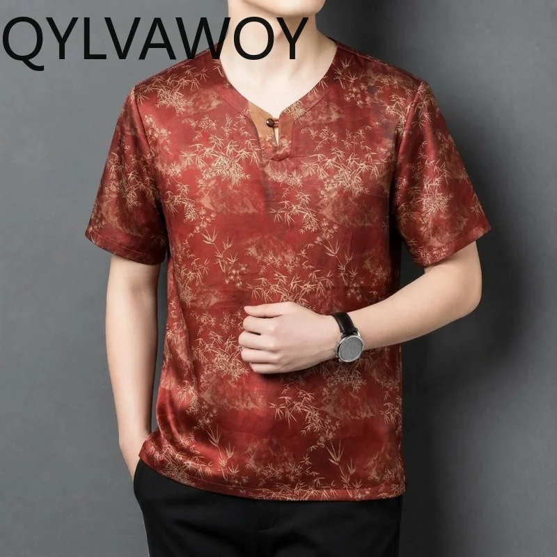 QYLVAWOY 100% Mulberry Silk Men's Shirts Thin T Shirt Summer Tops Short Sleeve Shirt Menswear Clothing Chinese Style Футболка
