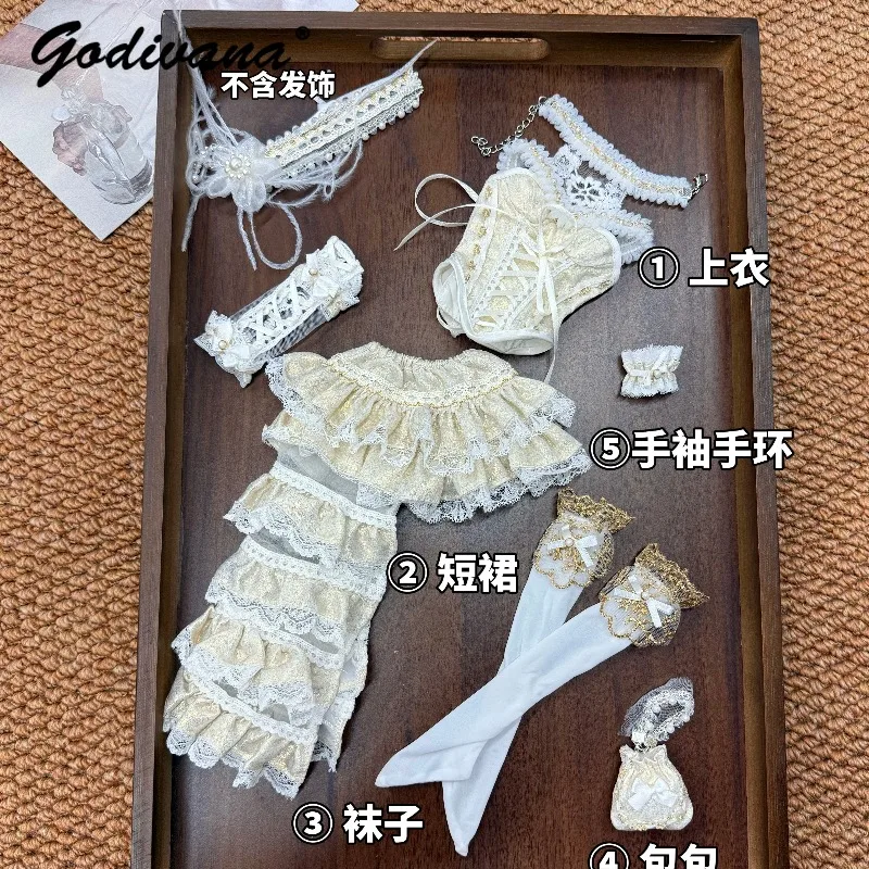 1/4 BJD Doll Clothes Elegant High End Vintage Court One-shoulder Lace Trim Corset Top and Ruffle Train Mini Skirt with Headband