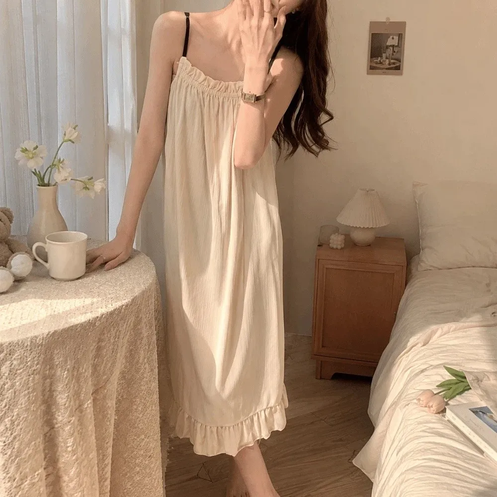 Comfortable Ruffled Simple Women Nightgown Long Skirt Sweet Girl Pajama Dress Loose Sleepwear Sleeveless Dress Summer