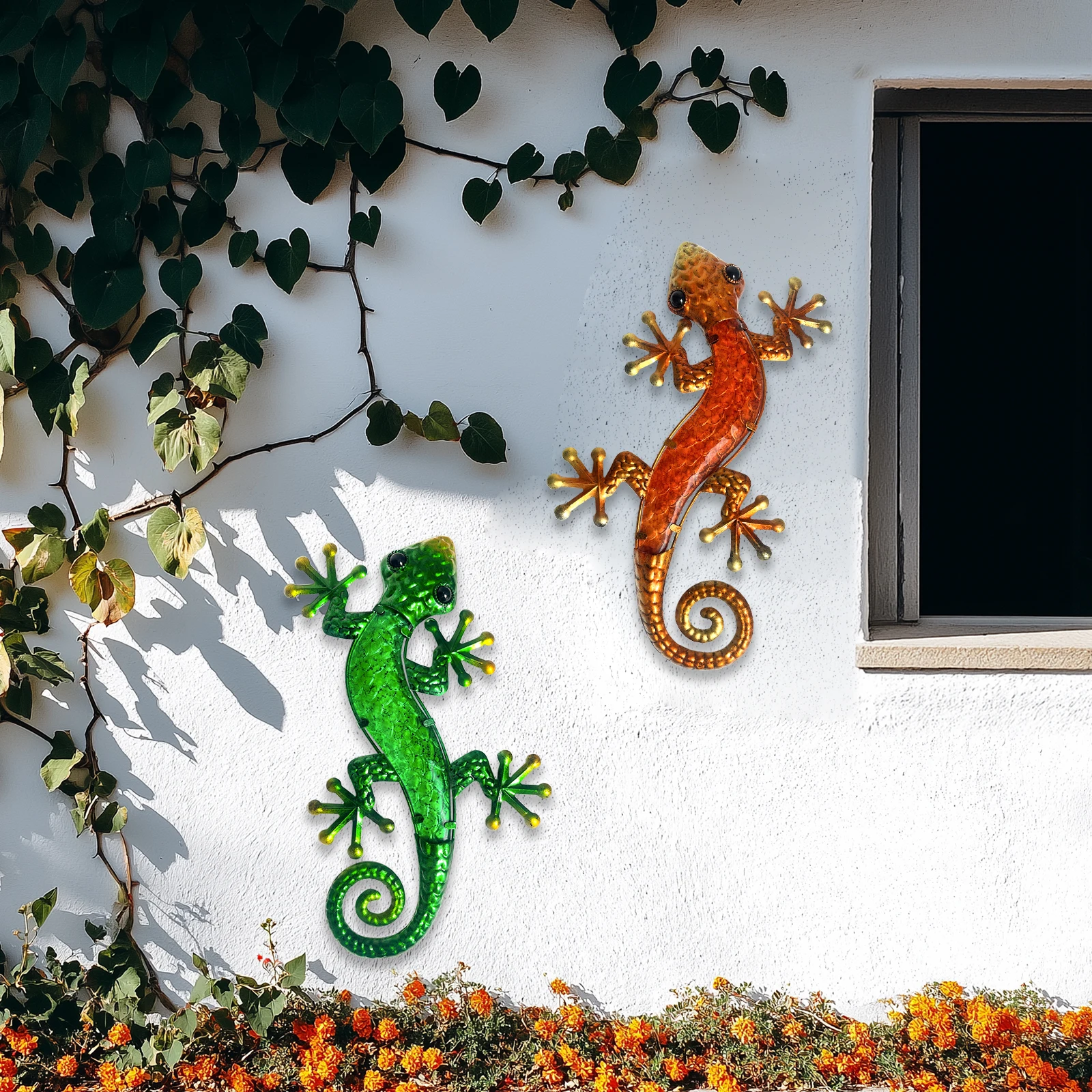 Metal Gecko Wall Art- 15 Inch Lizard Outdoor Decor Hanging Glass Sculpture, 2 Pack Gecko Wall Art Decorations for Garden Fence