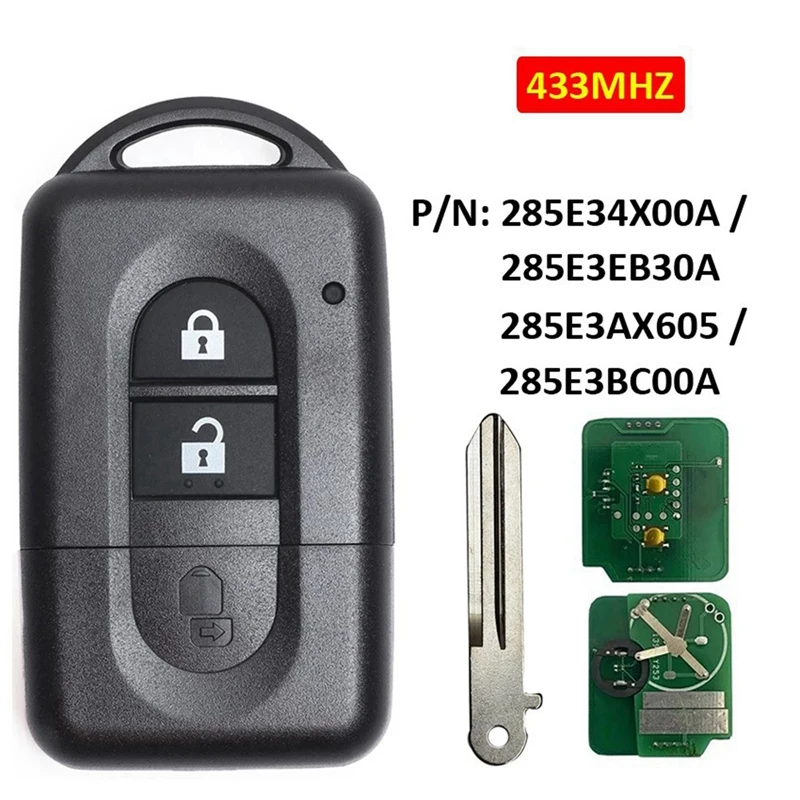 2X Car Keyless Entry Remote Key With 2 Button 433Mhz ID46 Chip For Nissan X-Trail Qashqai Pathfinder 285E34X00A