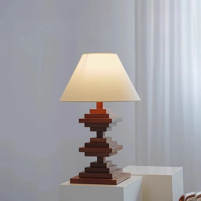 French Wooden Geometry LED Table Lamps Taper White Fabric Lampshade Creative Living Room Bedroom Office Restaurant Desk Lights