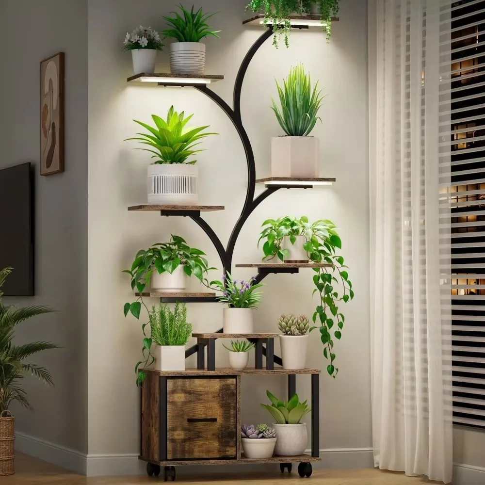 

65" Indoor Plant Stand with Grow Lights, Tiered Metal Plant Shelf with Wheels and Drawer, Plant Storage Rack for Home Decor